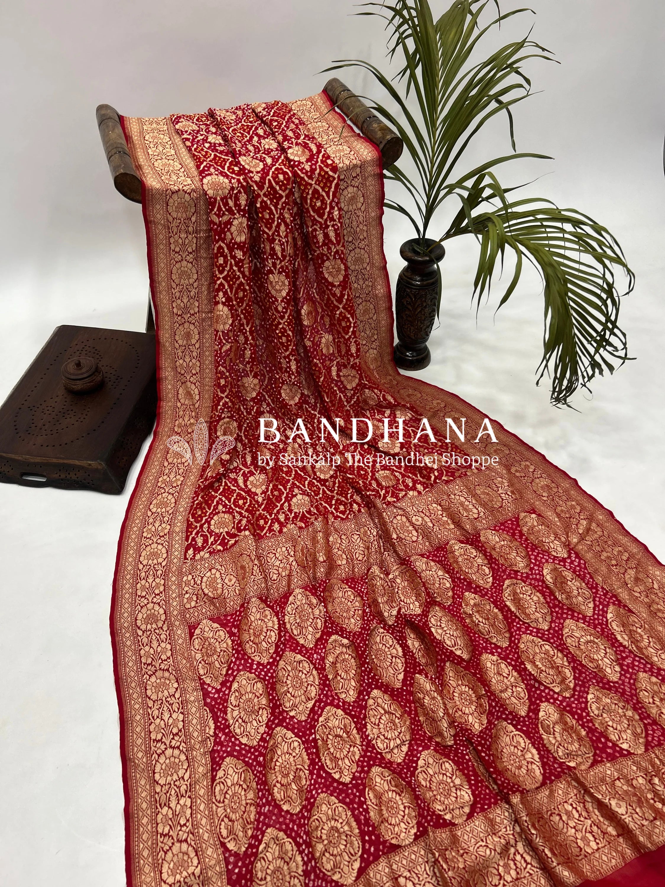 Red Georgette Jaal Bandhani Saree Sarees