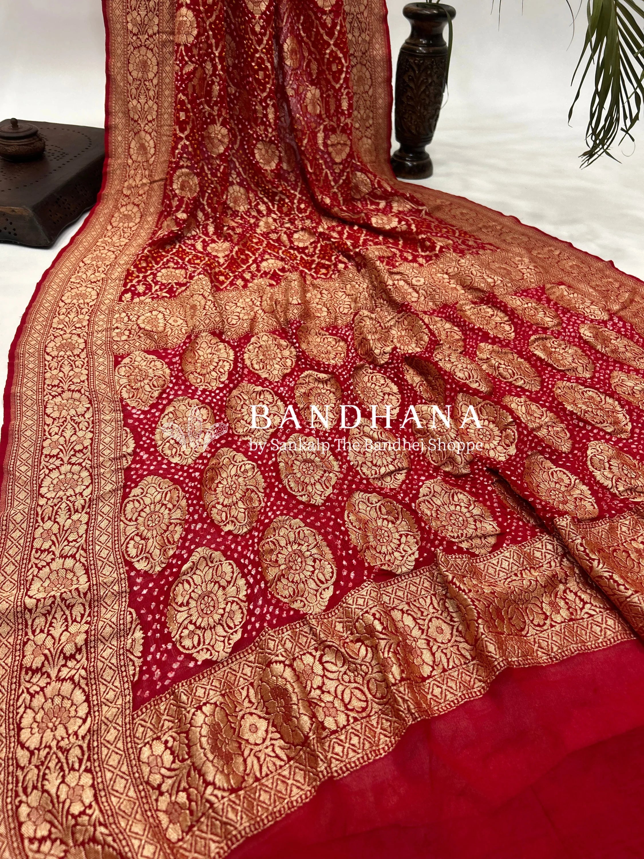 Red Georgette Jaal Bandhani Saree Sarees