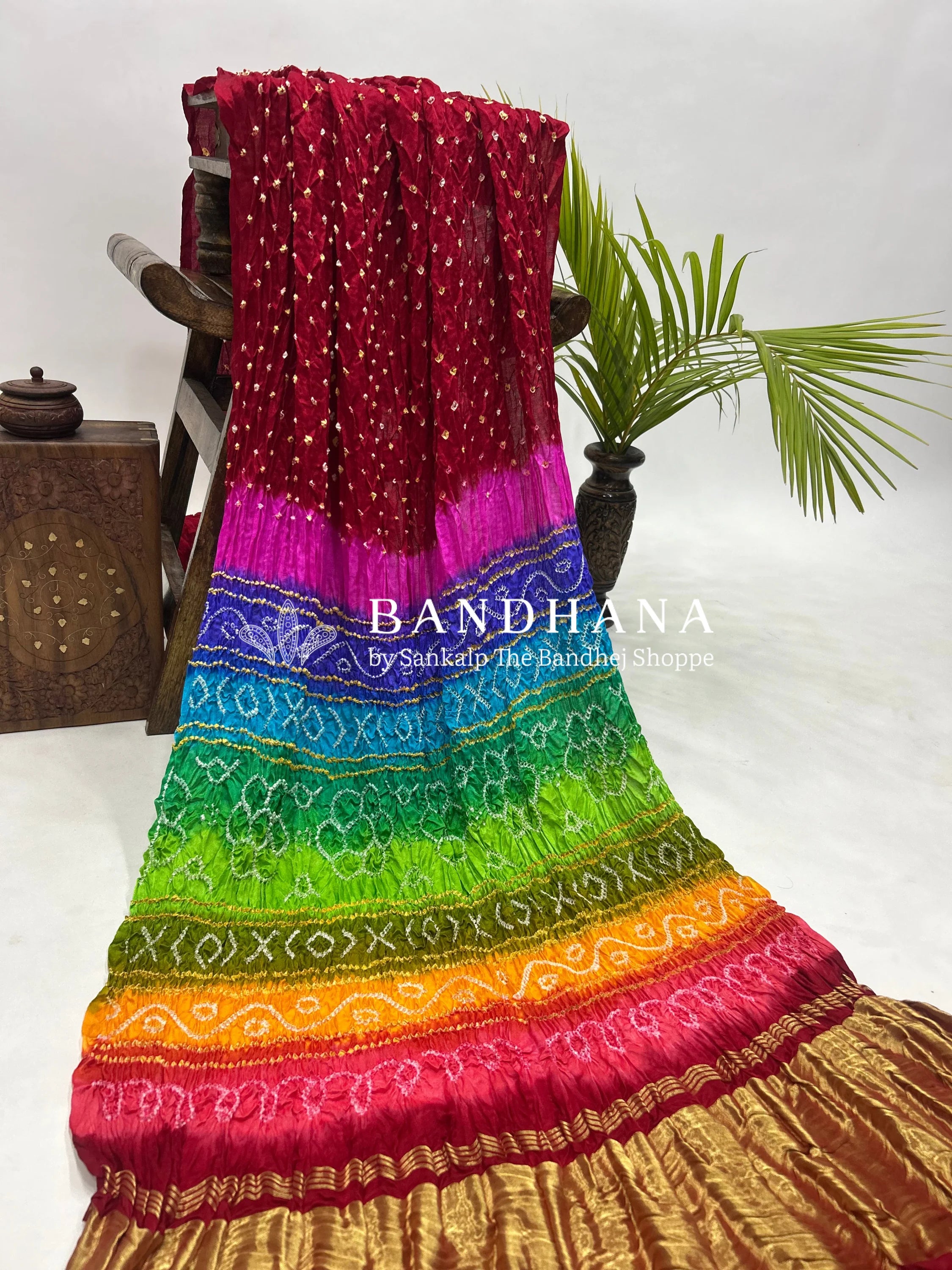 Red Multi Colour Palav Gajji Silk Single Dot Bandhani Saree Sarees