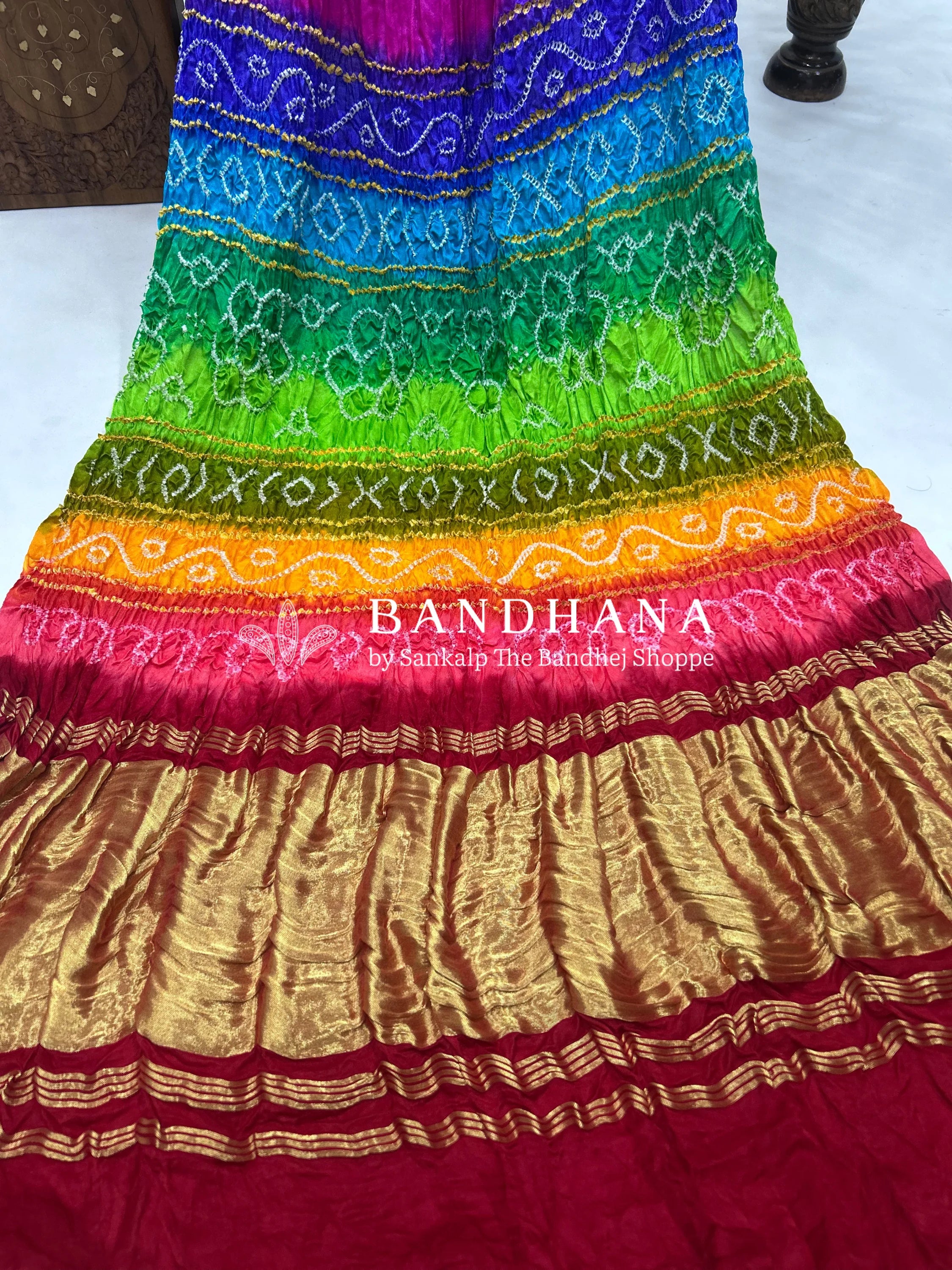 Red Multi Colour Palav Gajji Silk Single Dot Bandhani Saree Sarees