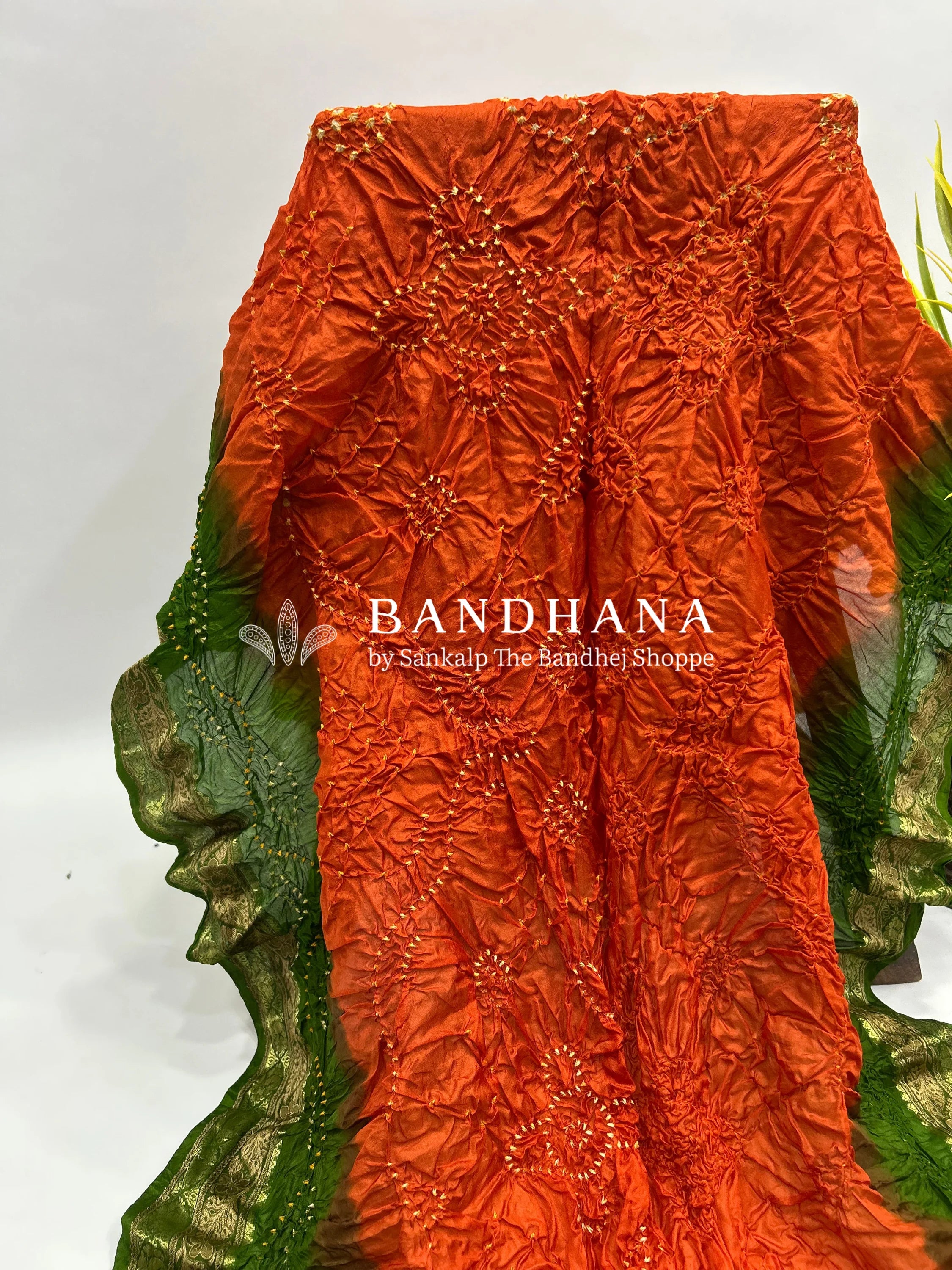 Rust & Mehandi Soft Silk Resham Palav Bandhani Saree orangered / Soft Silk Sarees