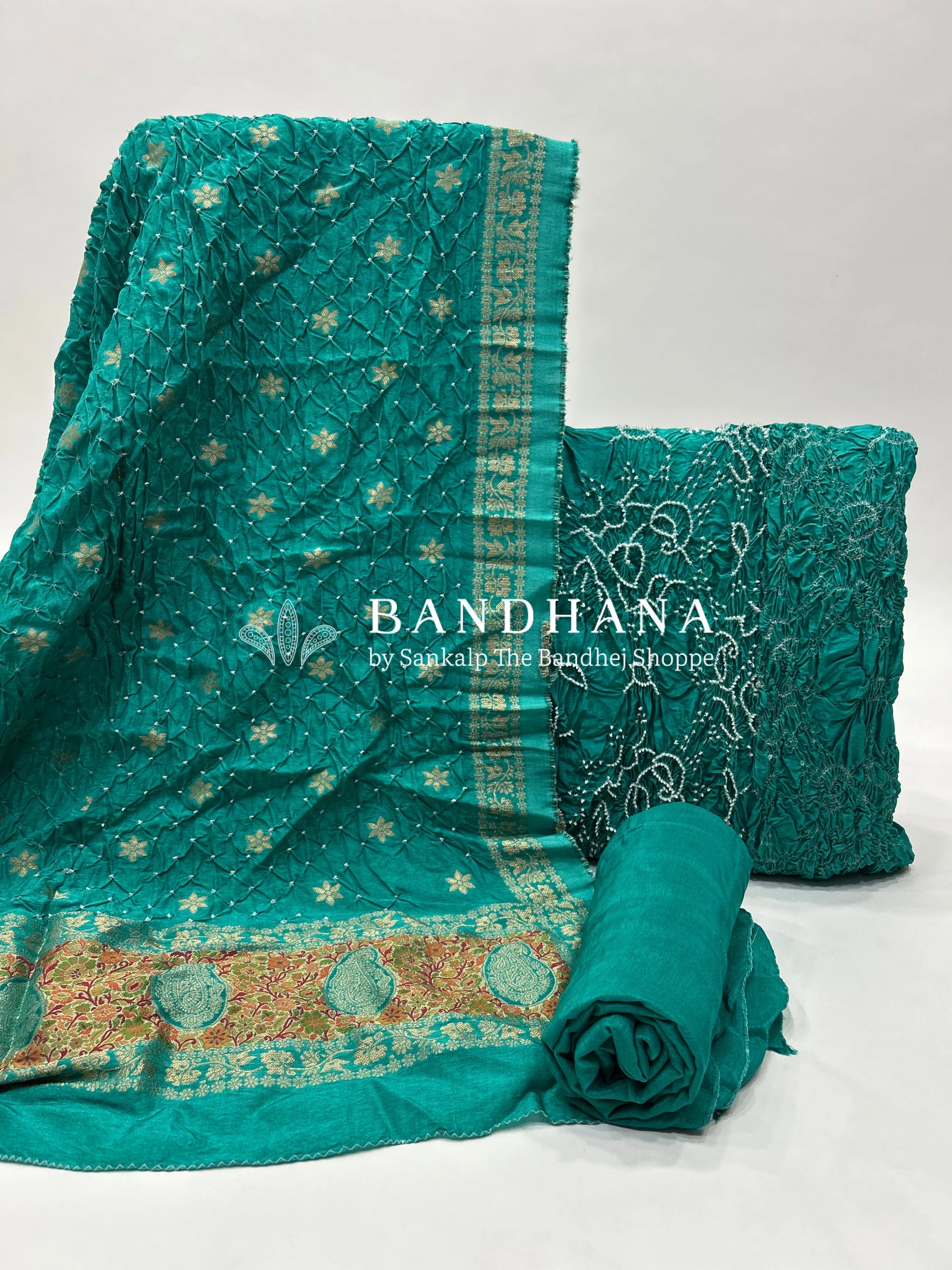 Sea Green Dola Silk Bandhani Dress Material darkcyan / Dola Silk Dresses