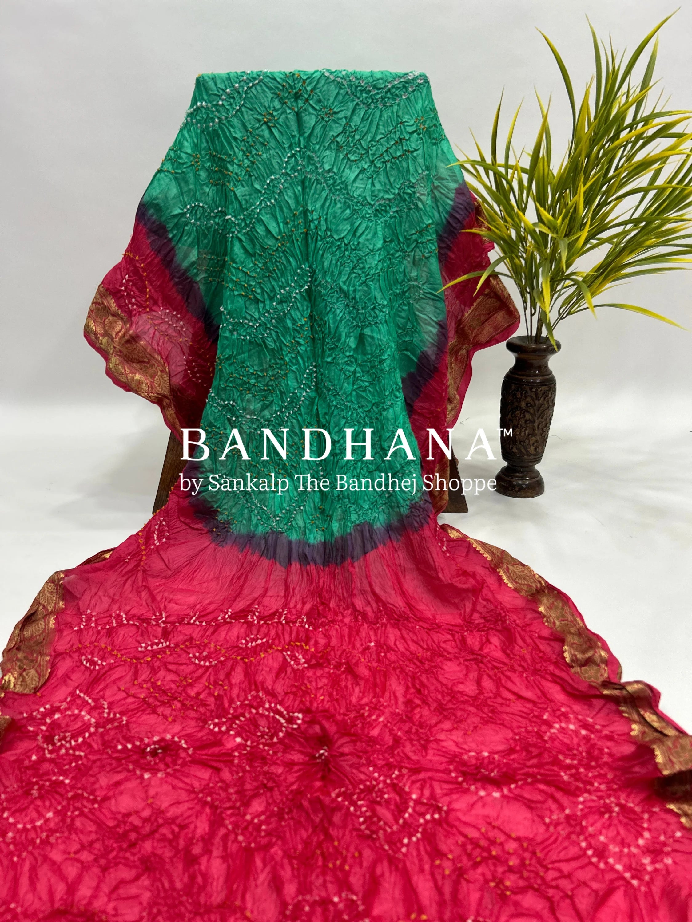 Sea Green & Gaajar Soft Silk Resham Palav Bandhani Saree seagreen / Soft Silk Sarees