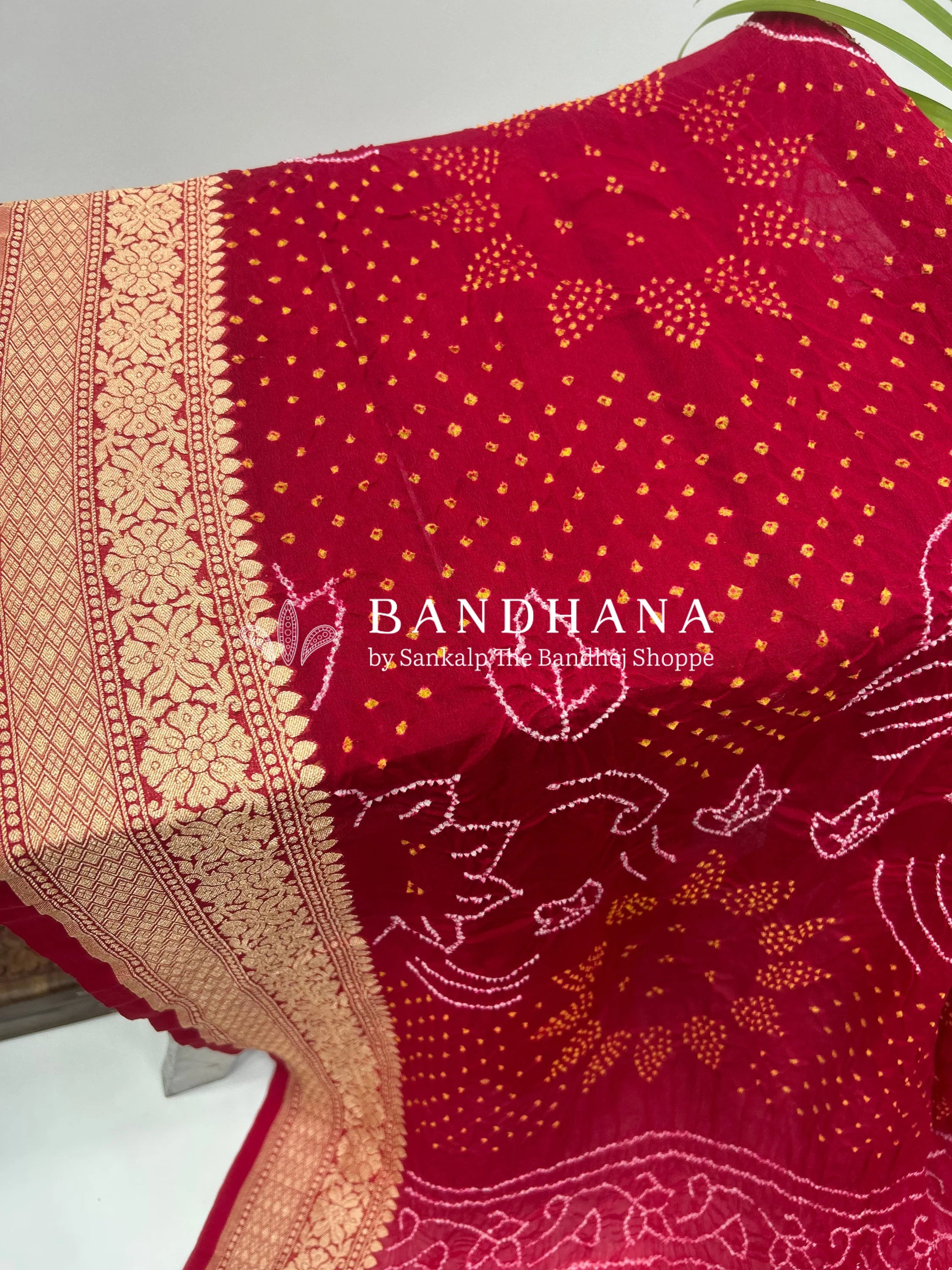 Strawberry Pink Georgette Bananrasi All Over Rai Bandhani Saree Sarees