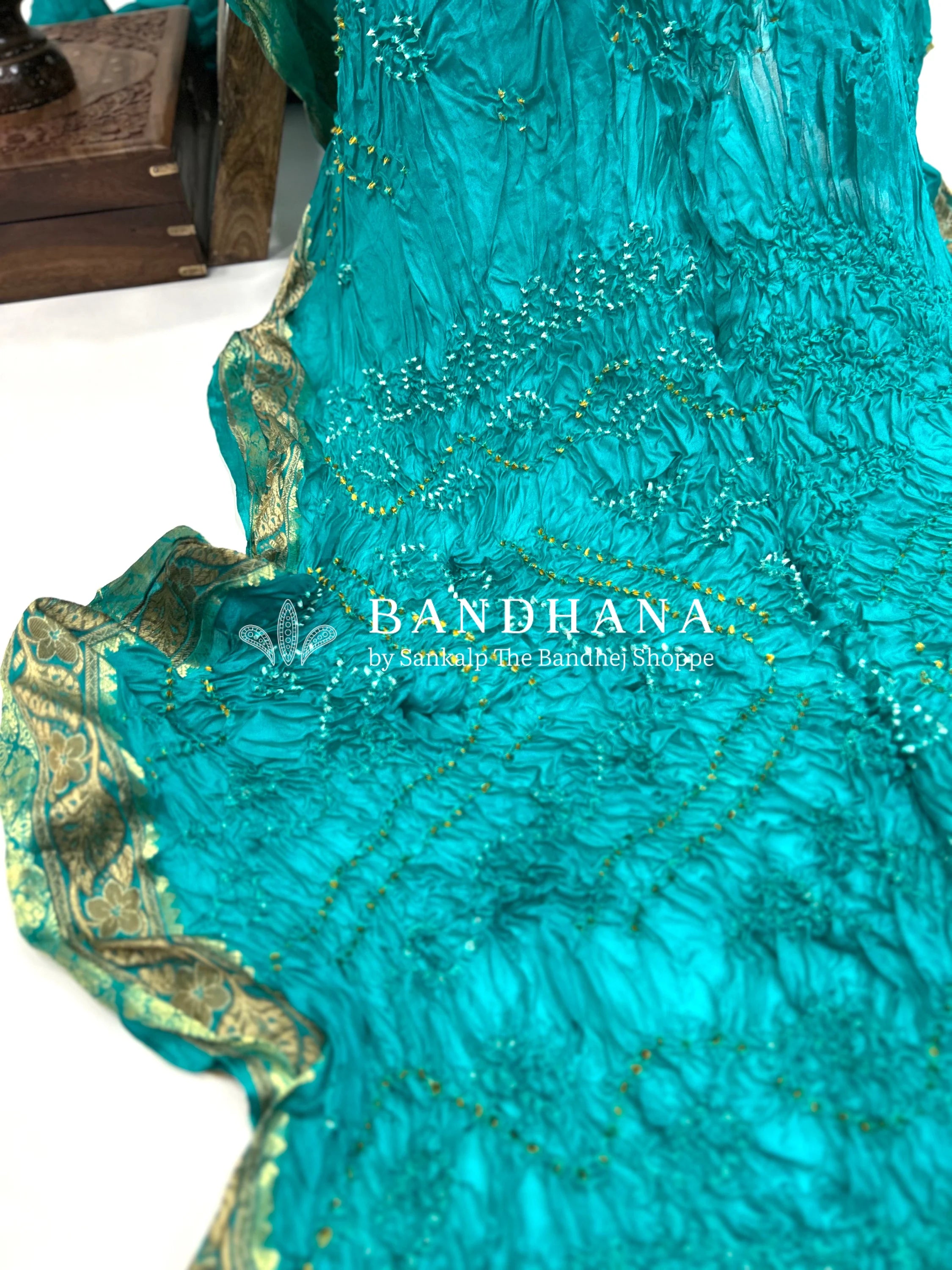 Turquoise Soft Silk Resham Border Bandhani Saree deepskyblue / Soft Silk Sarees