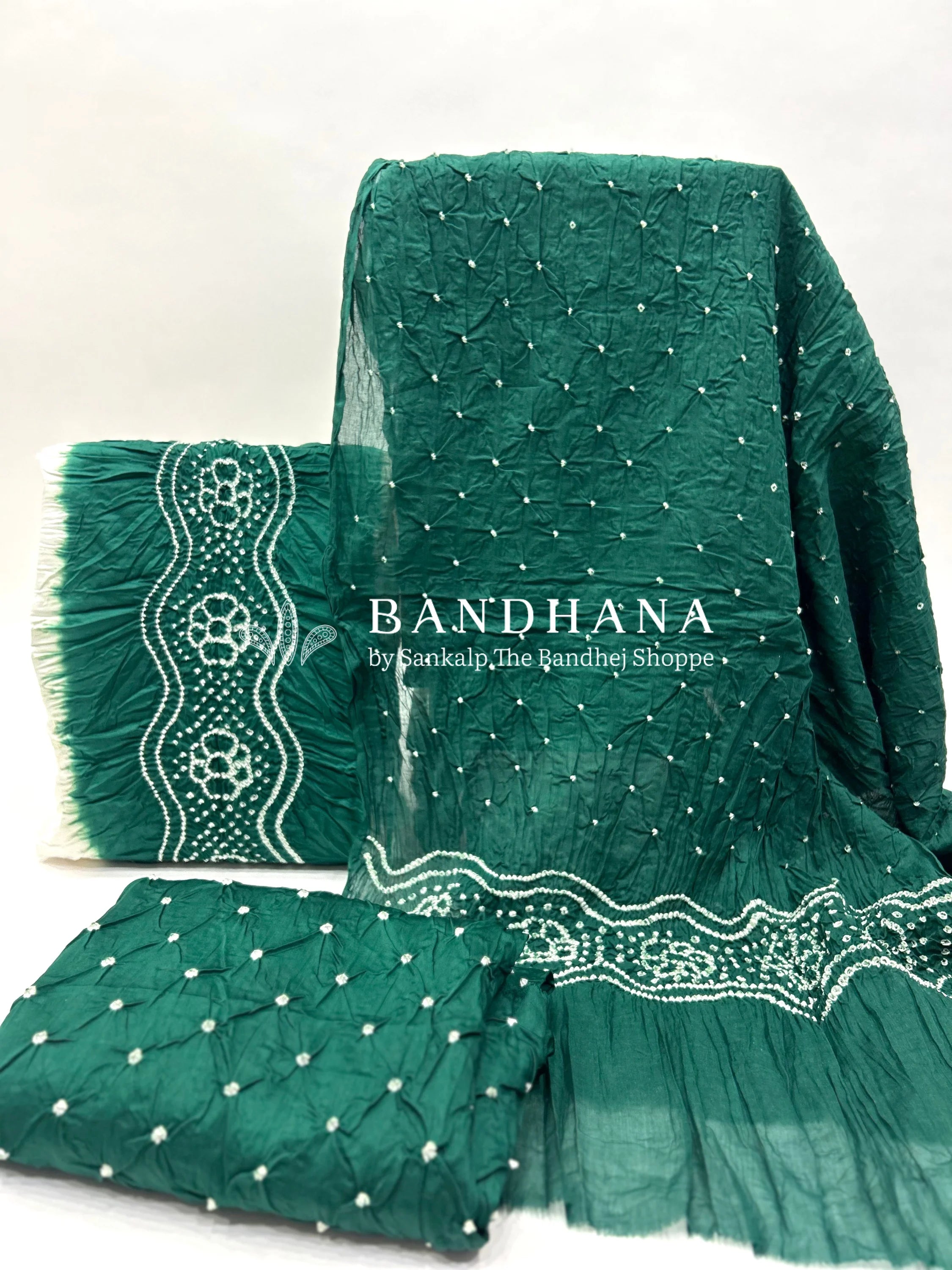 White-Green Cotton Pennal Bandhani Dress Material teal / Cotton Dresses