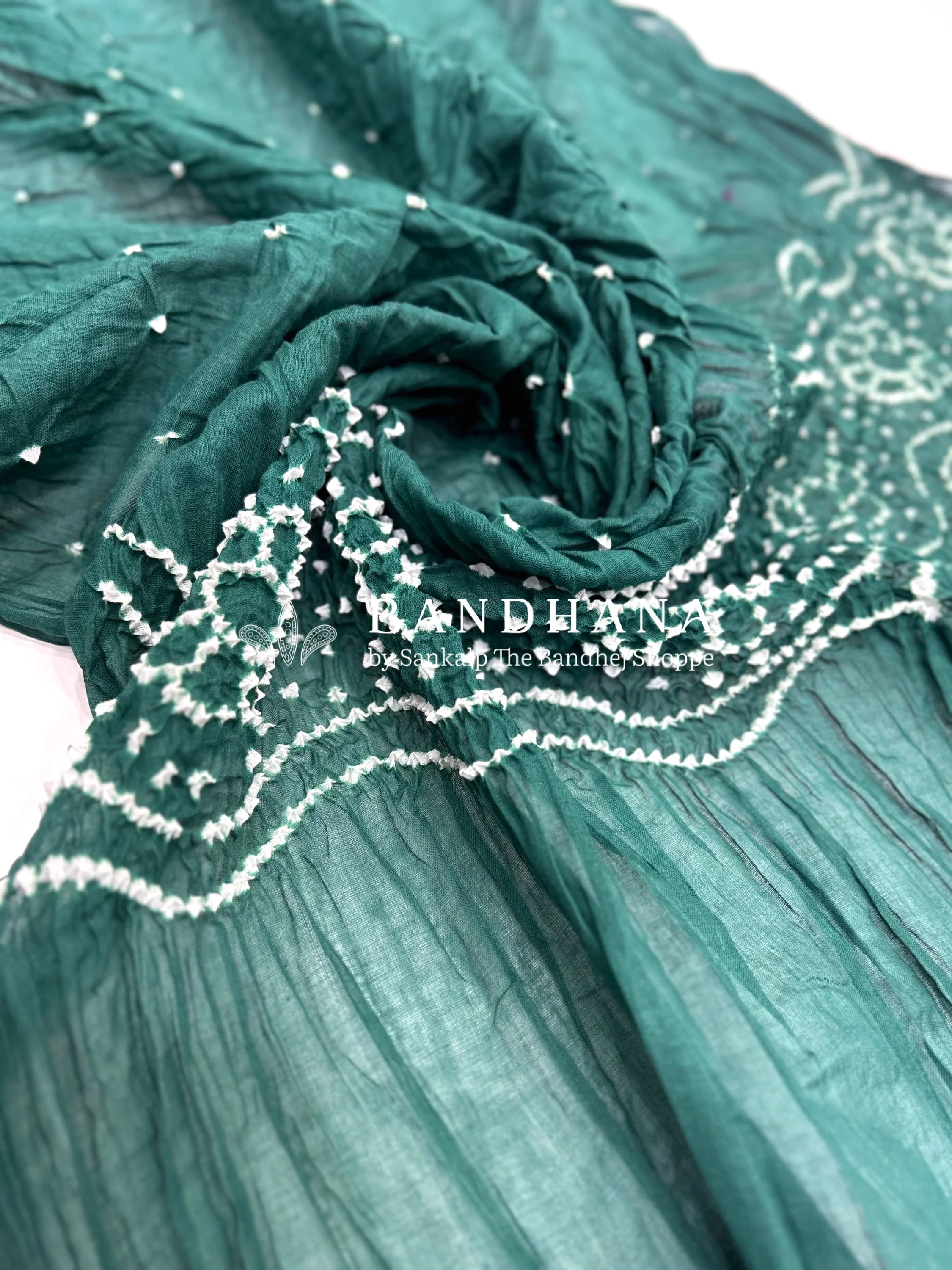 White-Green Cotton Pennal Bandhani Dress Material teal / Cotton Dresses