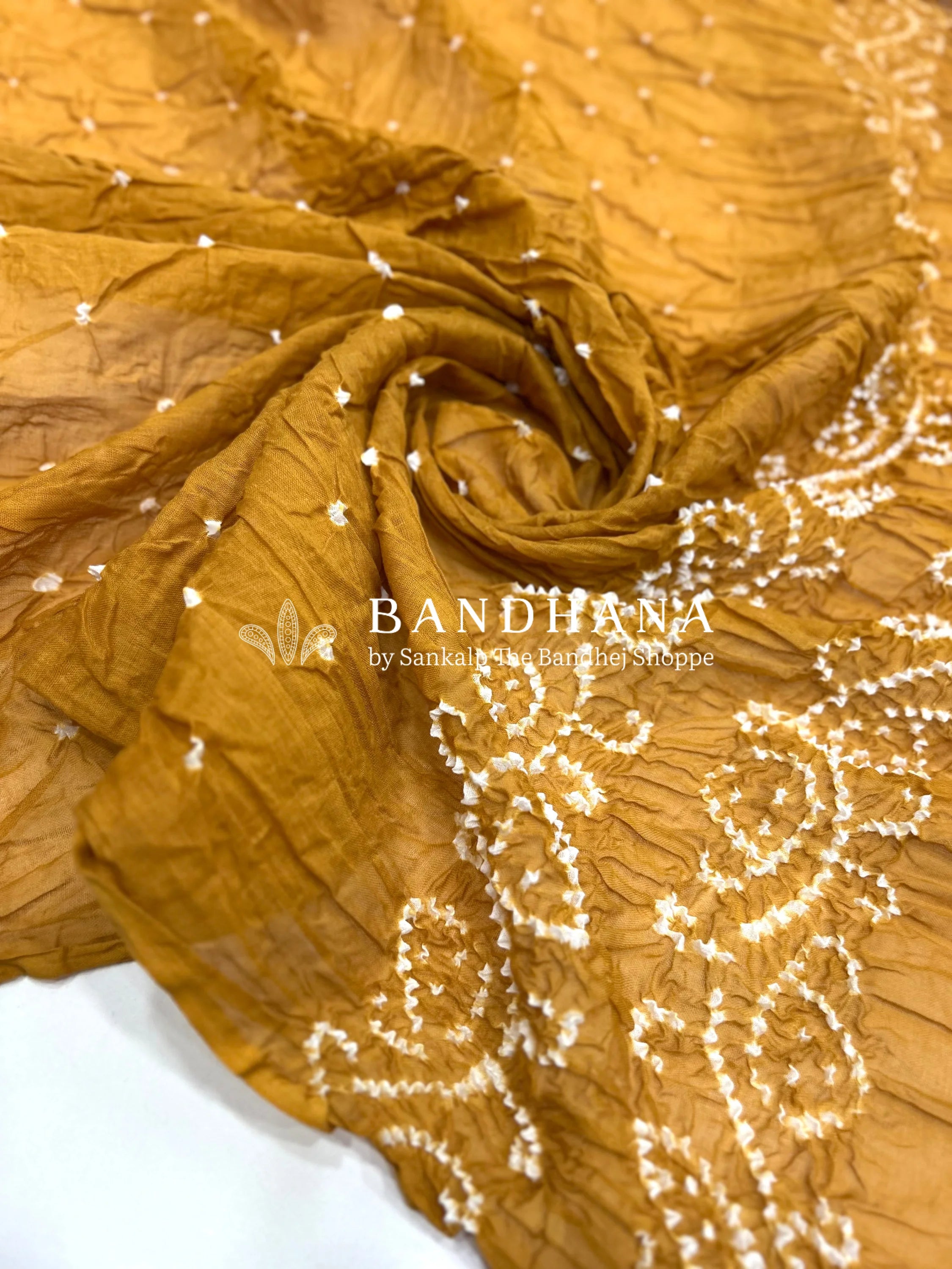 White-Mustard Cotton Pennal Bandhani Dress Material goldenrod / Cotton Dresses