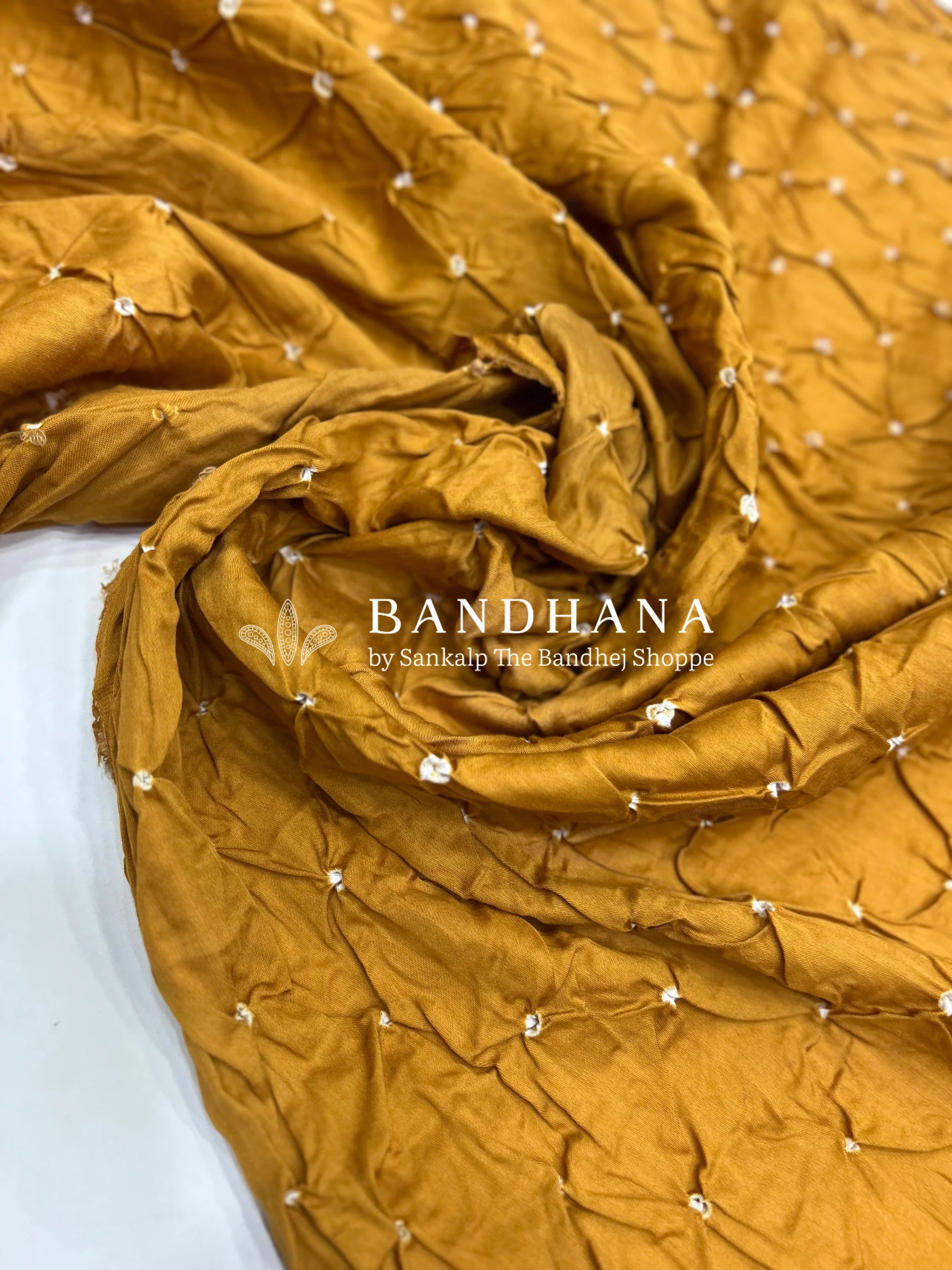 White-Mustard Cotton Pennal Bandhani Dress Material goldenrod / Cotton Dresses