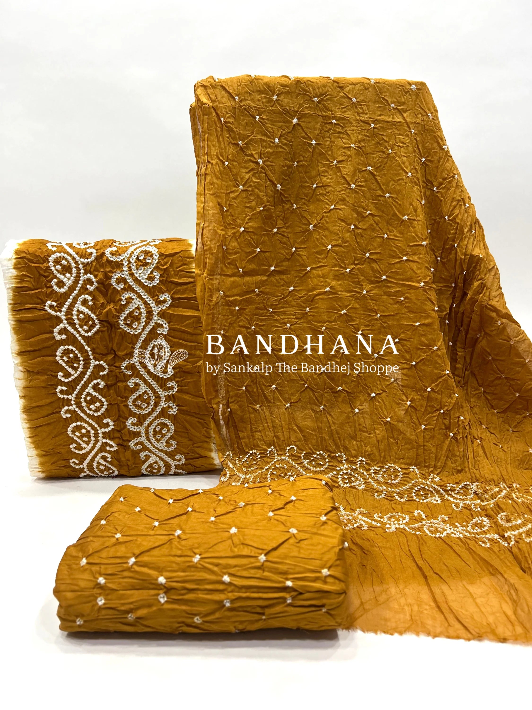 White-Mustard Cotton Pennal Bandhani Dress Material goldenrod / Cotton Dresses