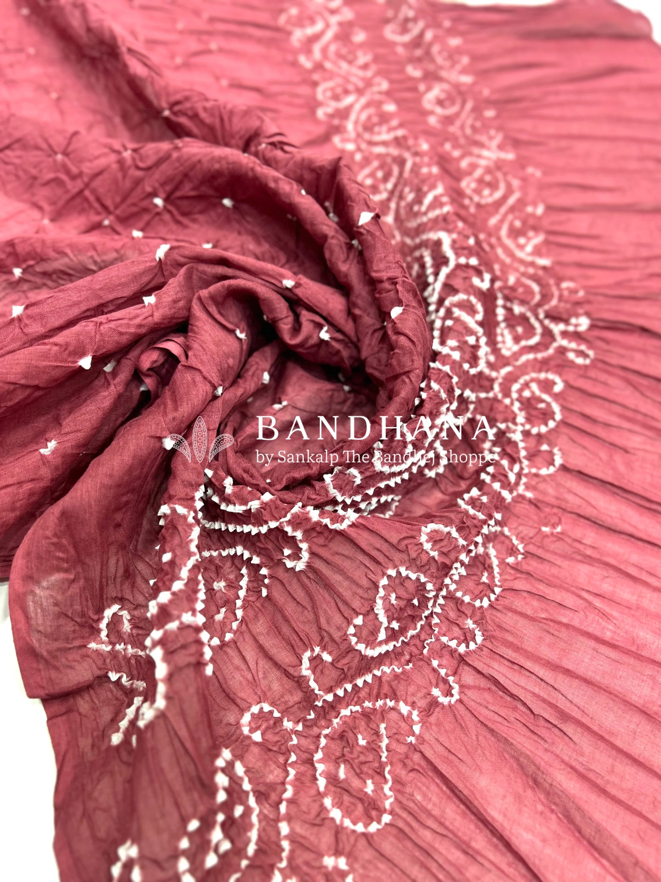 White-Wine Cotton Pennal Bandhani Dress Material indianred / Cotton Dresses