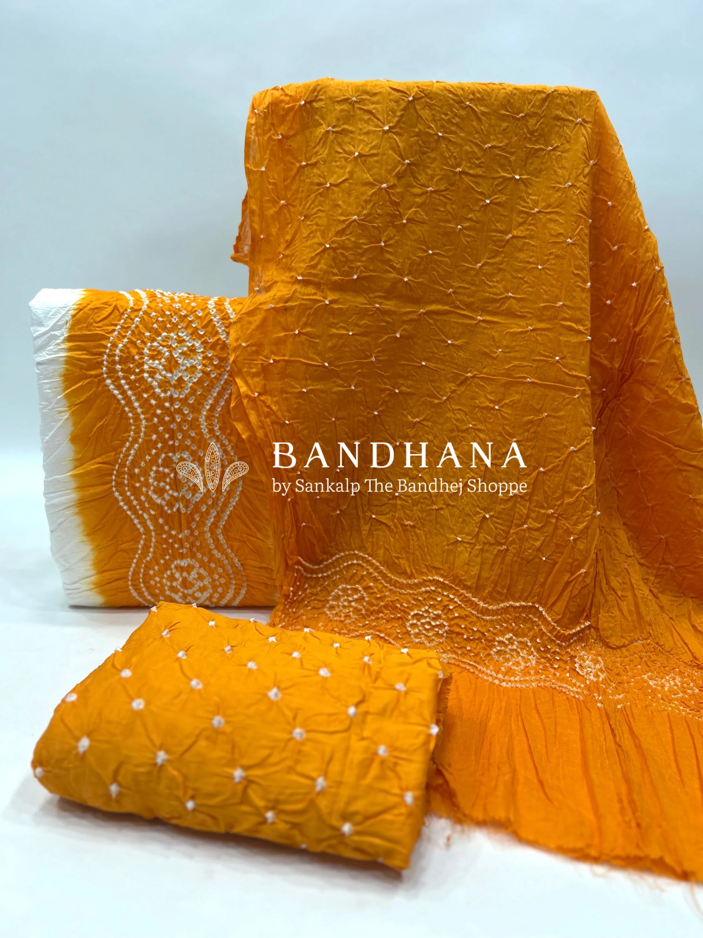 White-Yellow Cotton Pennal Bandhani Dress Material orange / Cotton Dresses