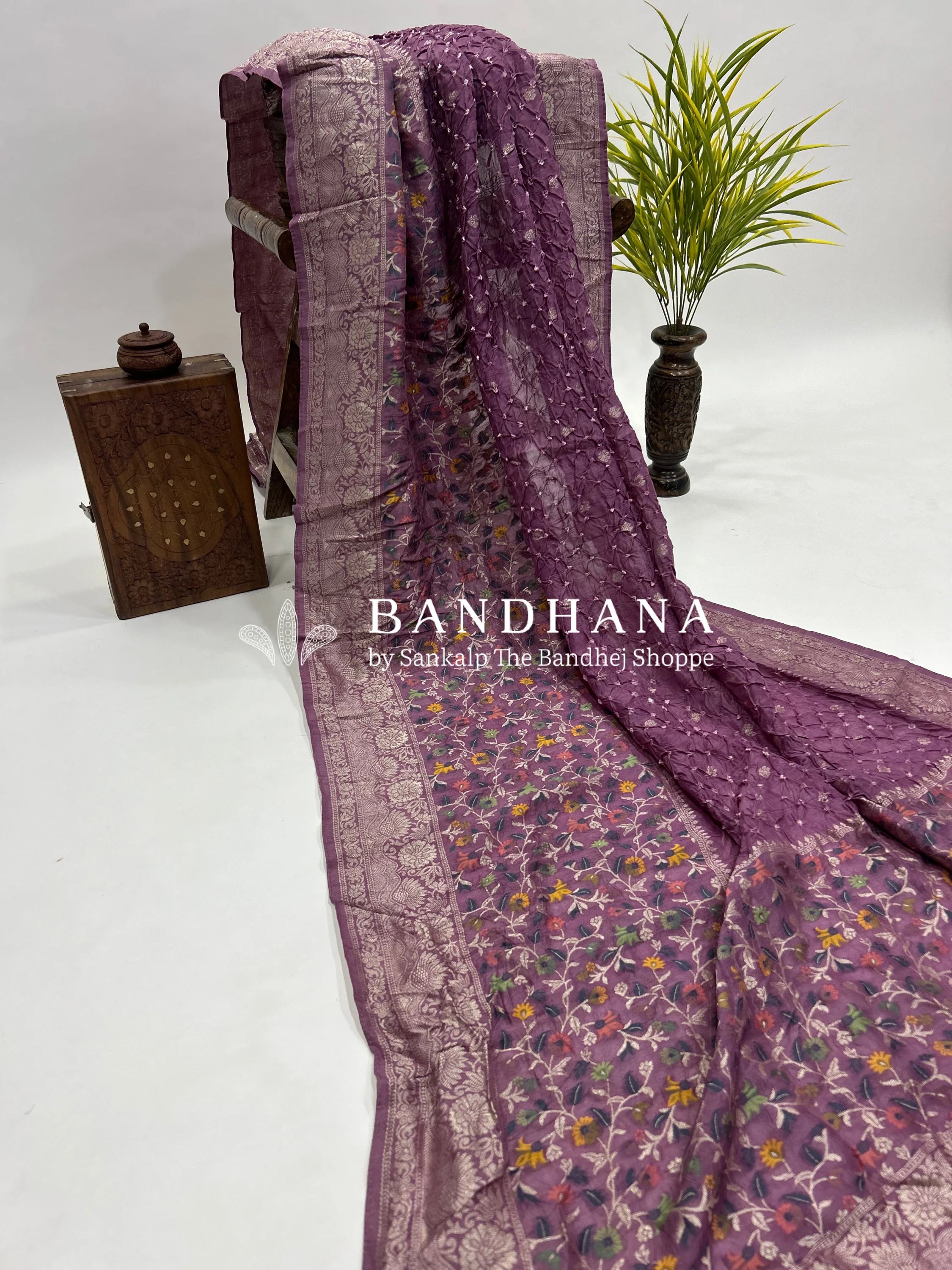 Wine Art Tussar Silk Bandhani Saree purple / Tussar Silk Sarees