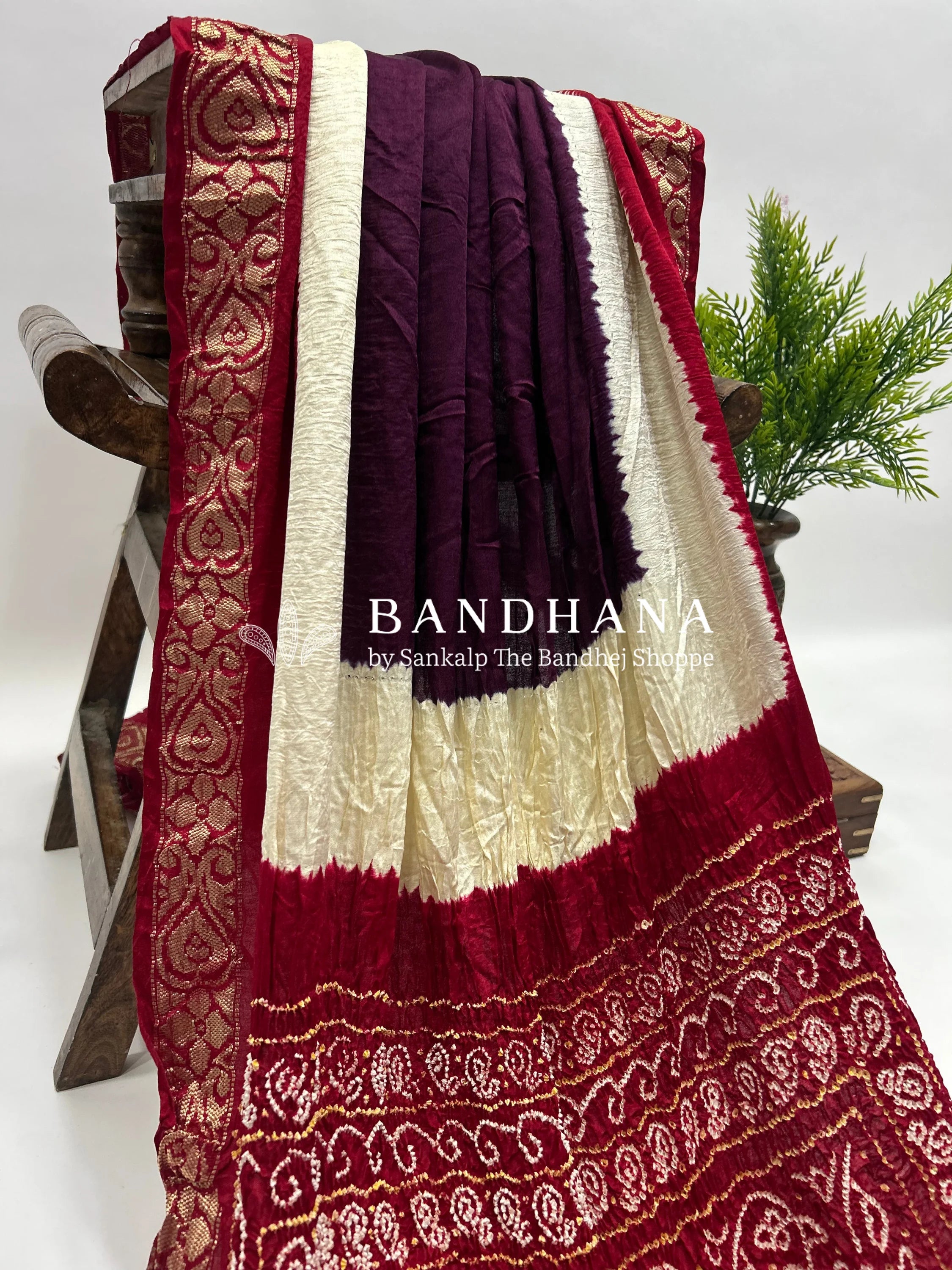 Wine- Maroon Gajji Silk Designer Gala Saree with 3 Colour Dying maroon / Gajji Silk Sarees