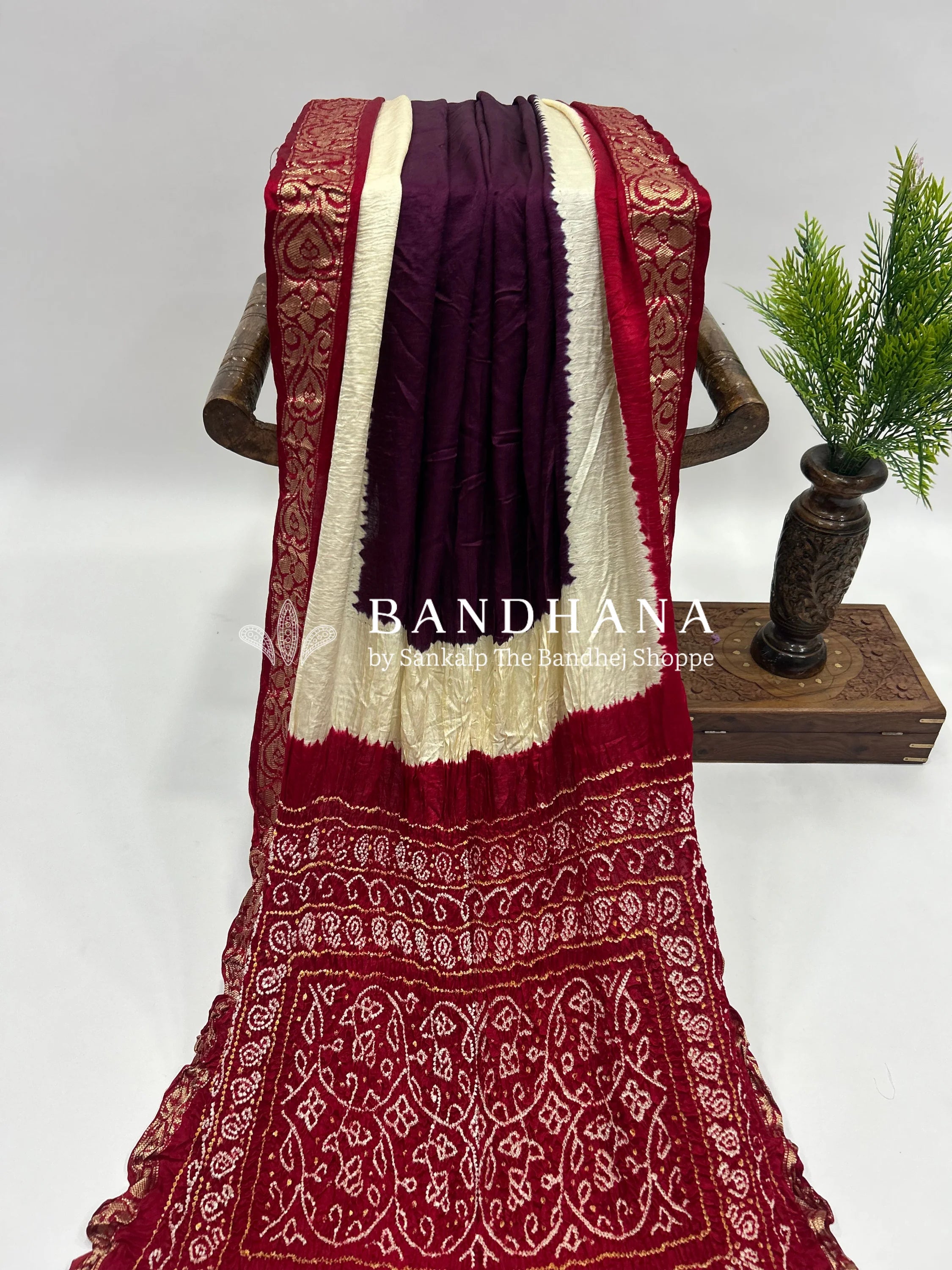 Wine- Maroon Gajji Silk Designer Gala Saree with 3 Colour Dying maroon / Gajji Silk Sarees