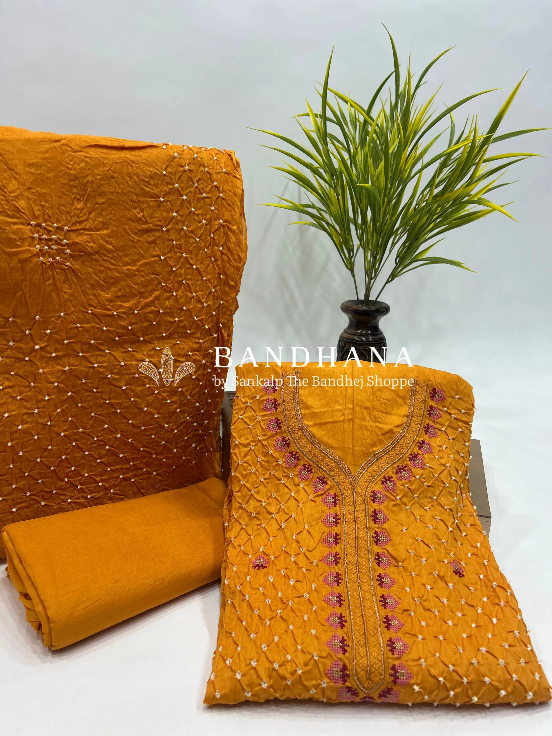 Yellow Cotton Work Bandhani Dress Material (Unstitched) yellow / Cotton Dresses