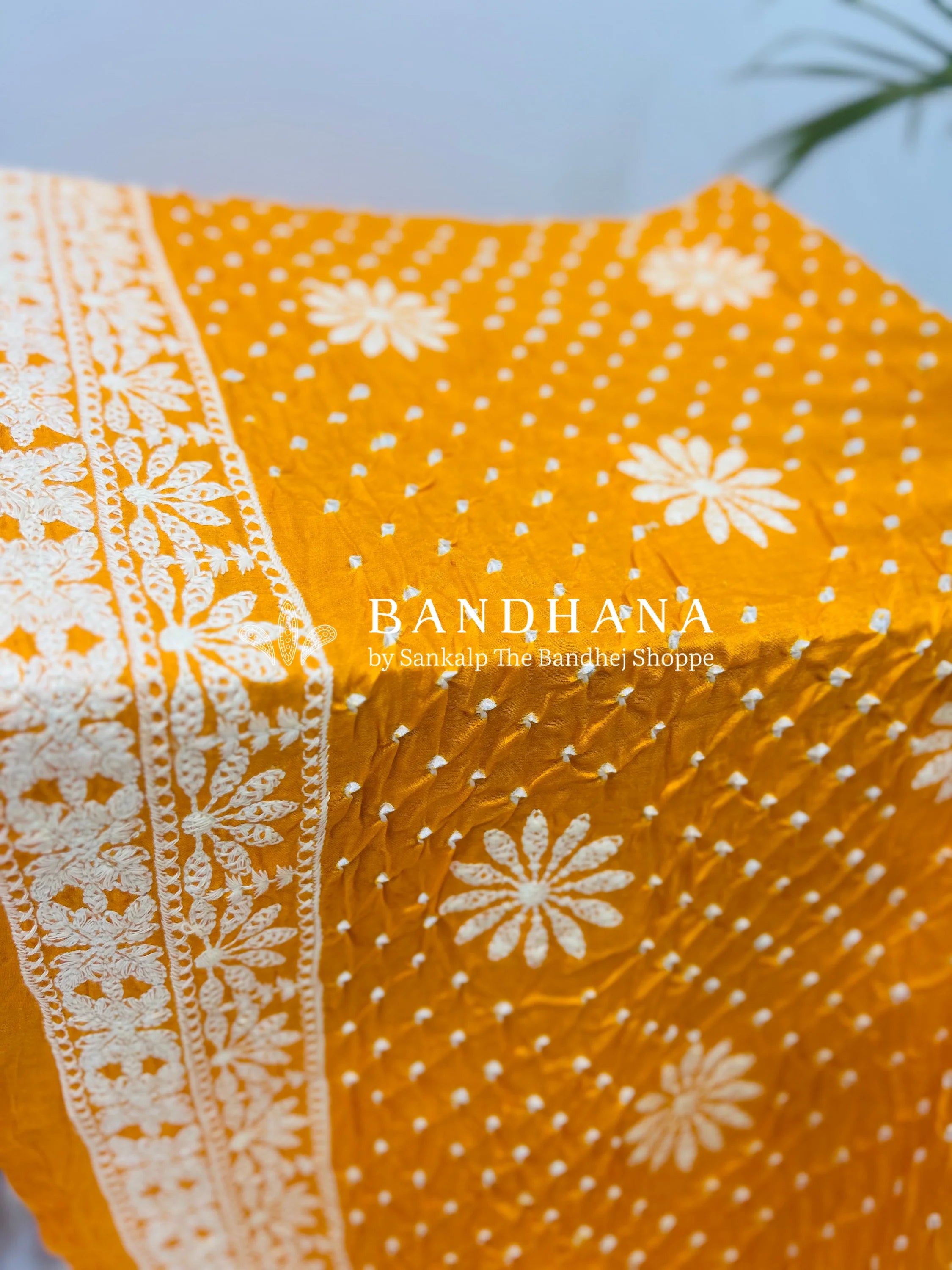 Yellow Gajji Silk Lucknowi Bandhani Saree yellow / Gajji Silk Sarees