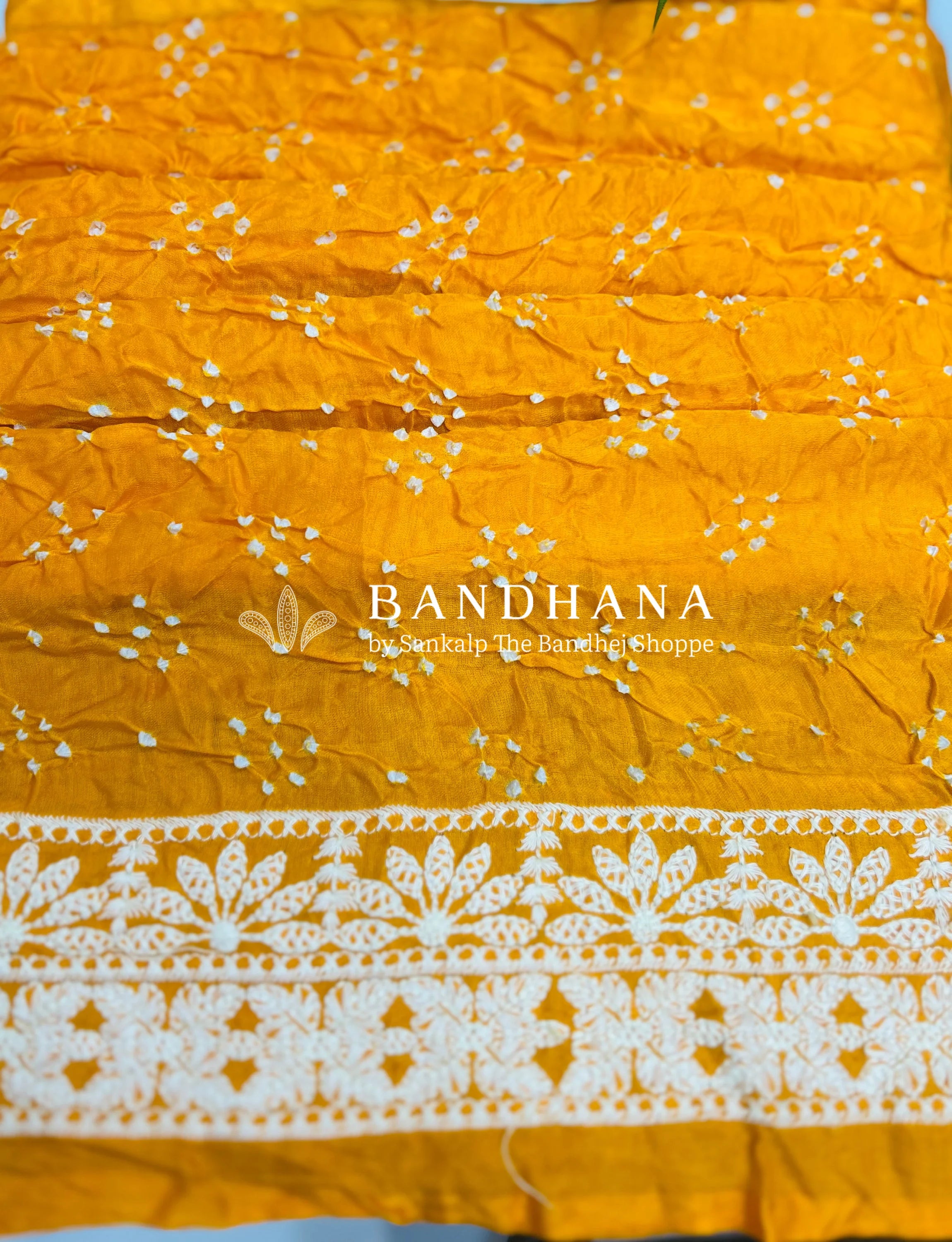 Yellow Gajji Silk Lucknowi Bandhani Saree yellow / Gajji Silk Sarees