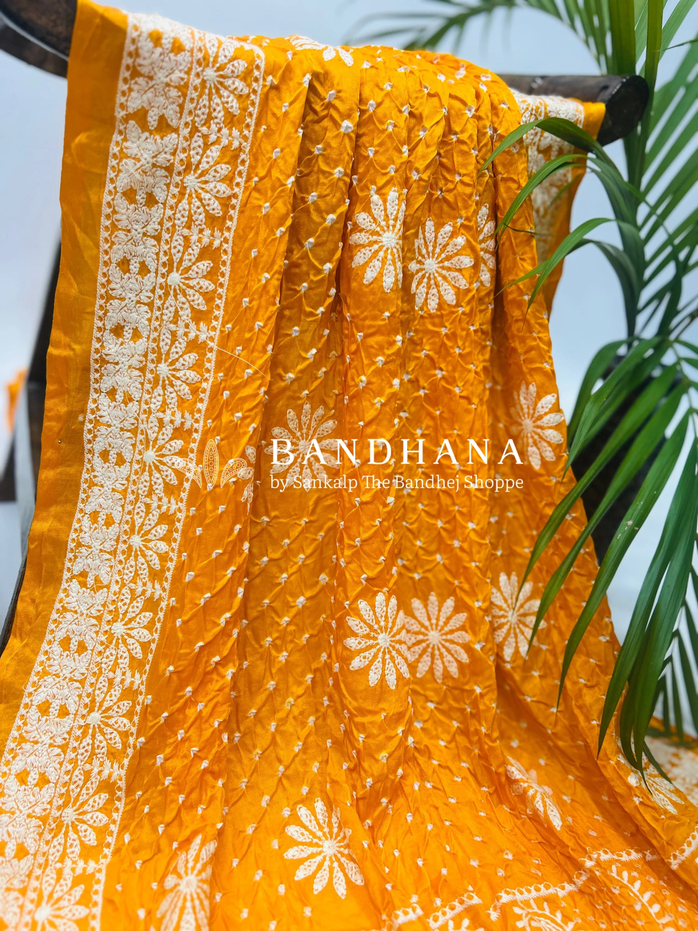 Yellow Gajji Silk Lucknowi Bandhani Saree yellow / Gajji Silk Sarees