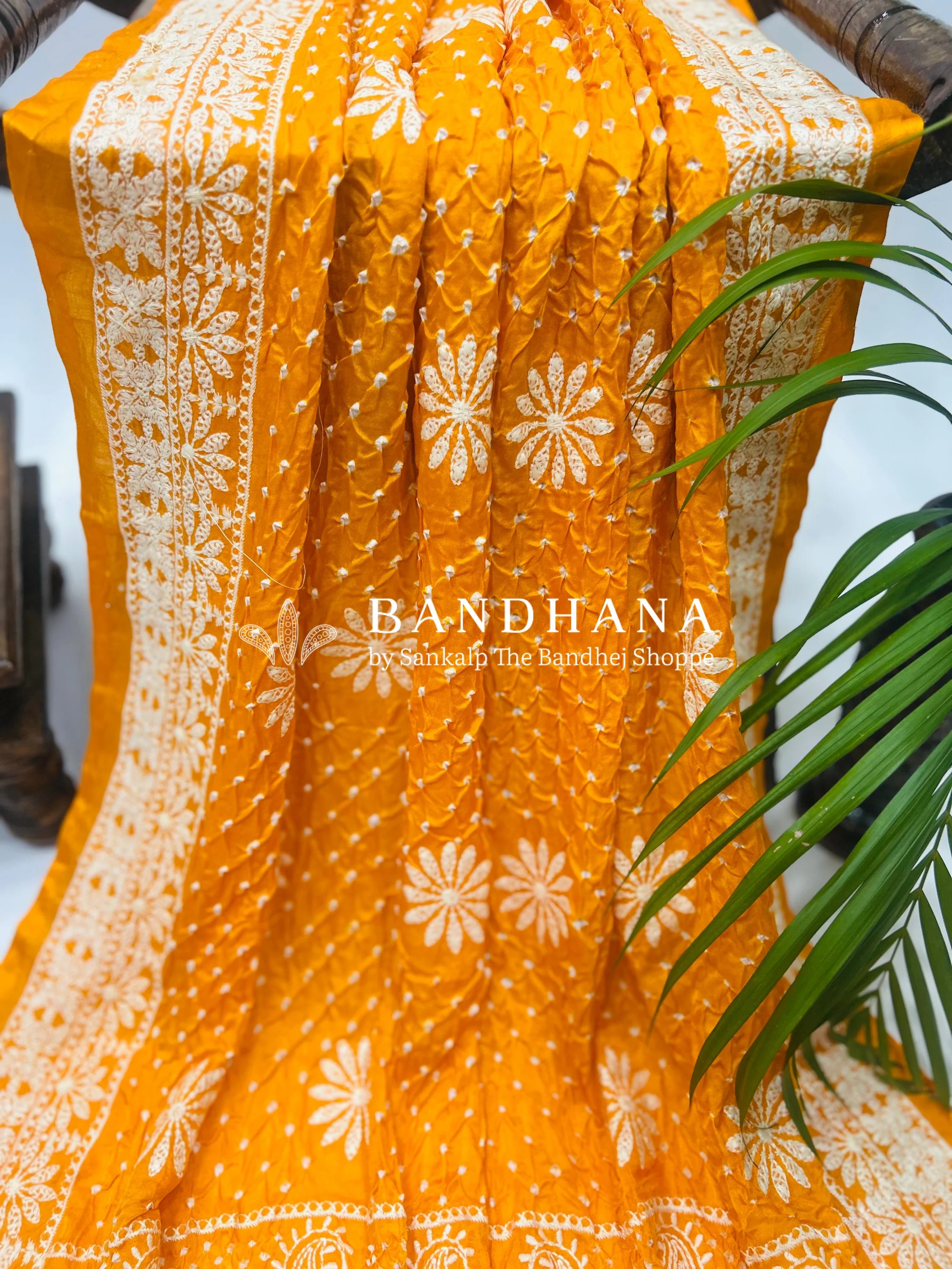 Yellow Gajji Silk Lucknowi Bandhani Saree yellow / Gajji Silk Sarees