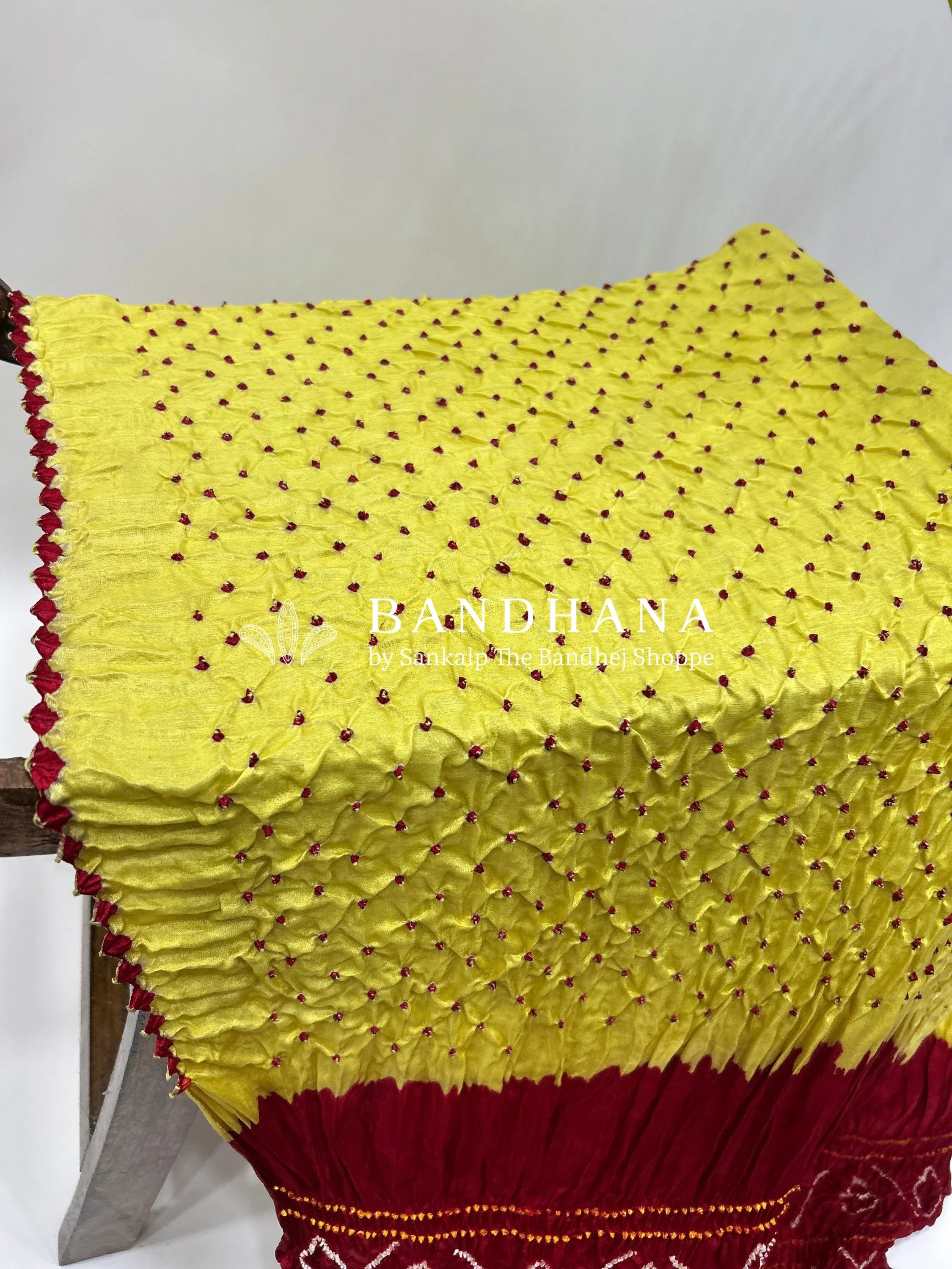 Yellow Maroon Gajji Silk Contrast Colour Bandhej Single Dot Bandhani Saree Sarees