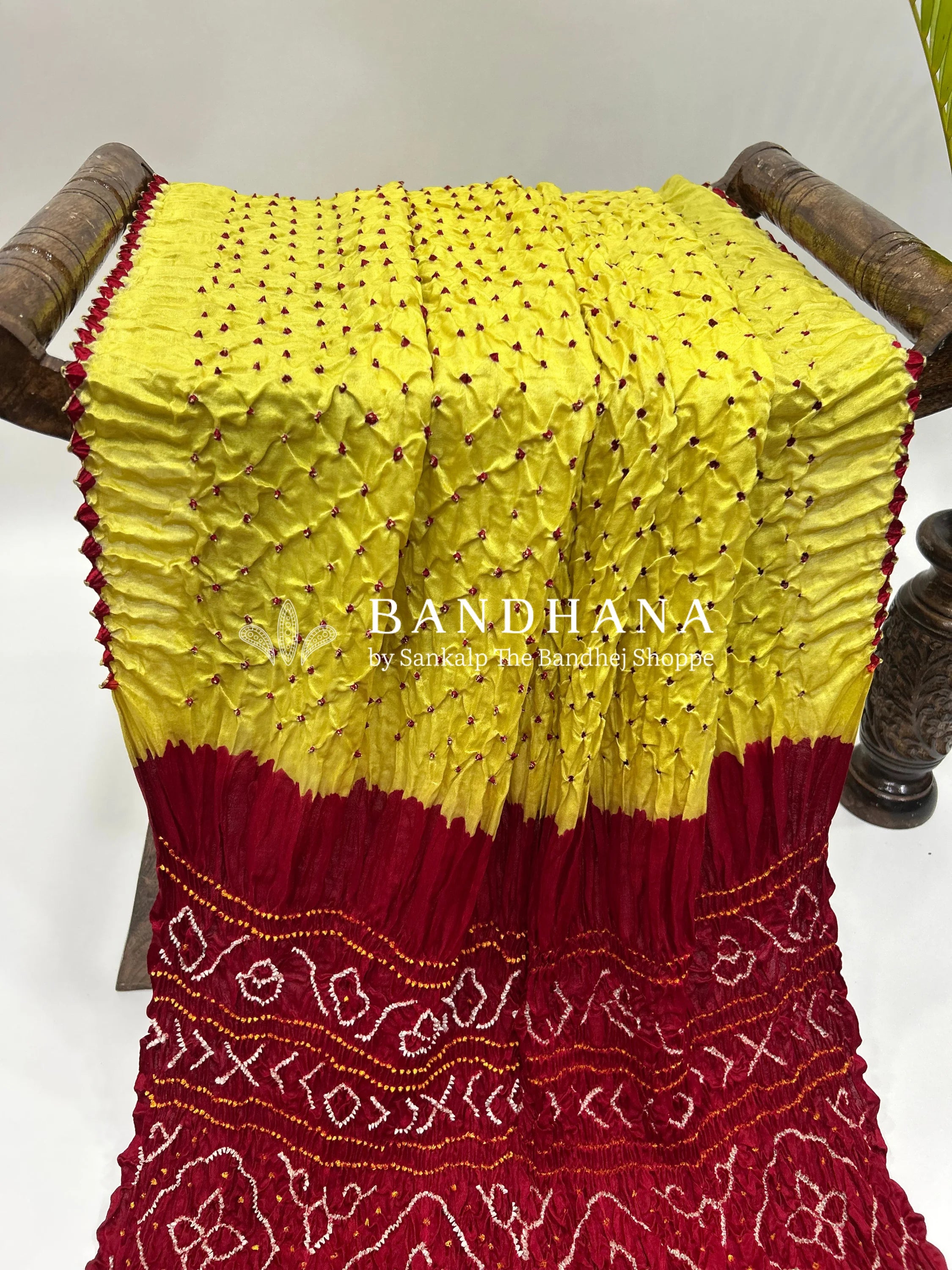 Yellow Maroon Gajji Silk Contrast Colour Bandhej Single Dot Bandhani Saree Sarees