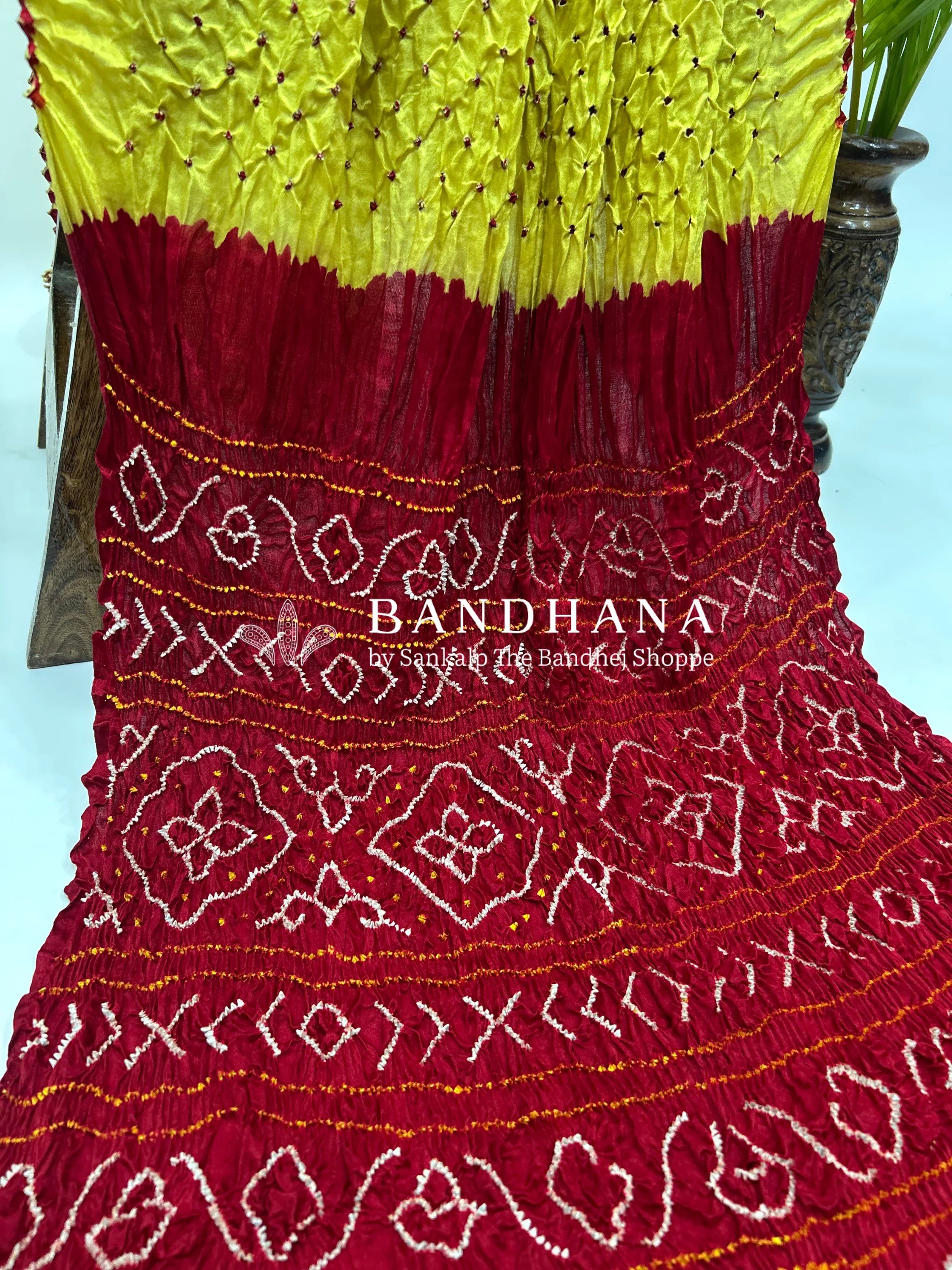 Yellow Maroon Gajji Silk Contrast Colour Bandhej Single Dot Bandhani Saree Sarees