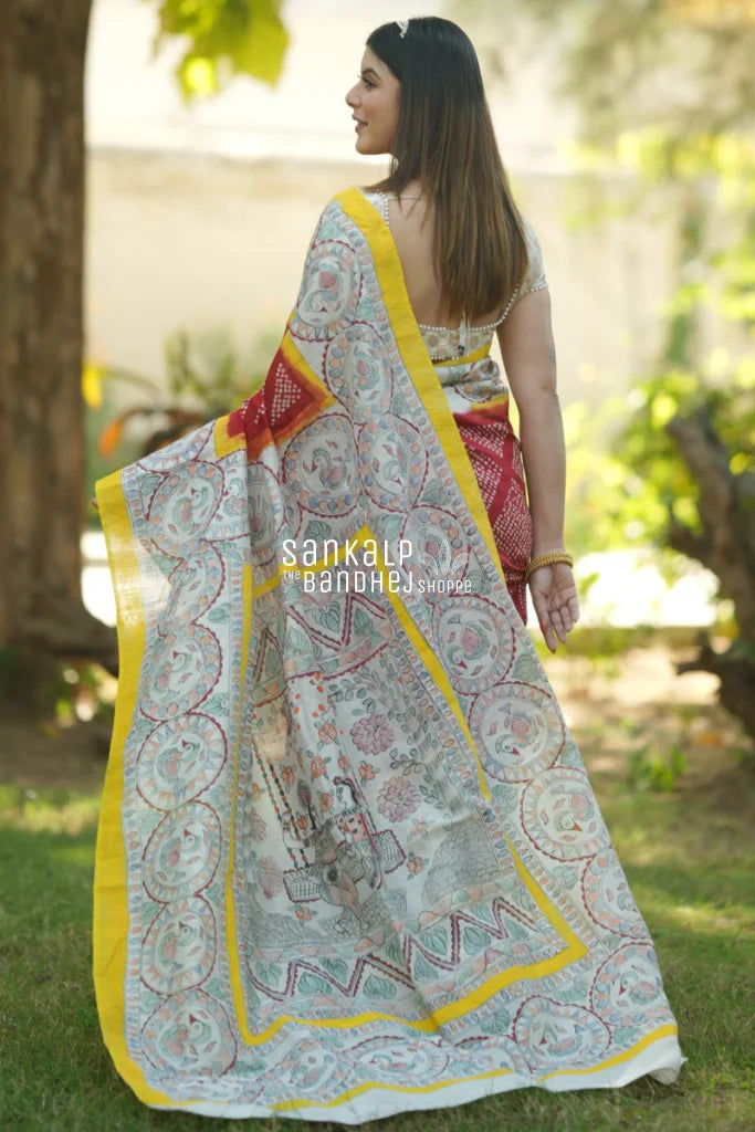 Gachi Tussar silk saree in bright Yellow with hand painted Madhubani - |  Madhubani painting, Tussar silk saree, Hand painted
